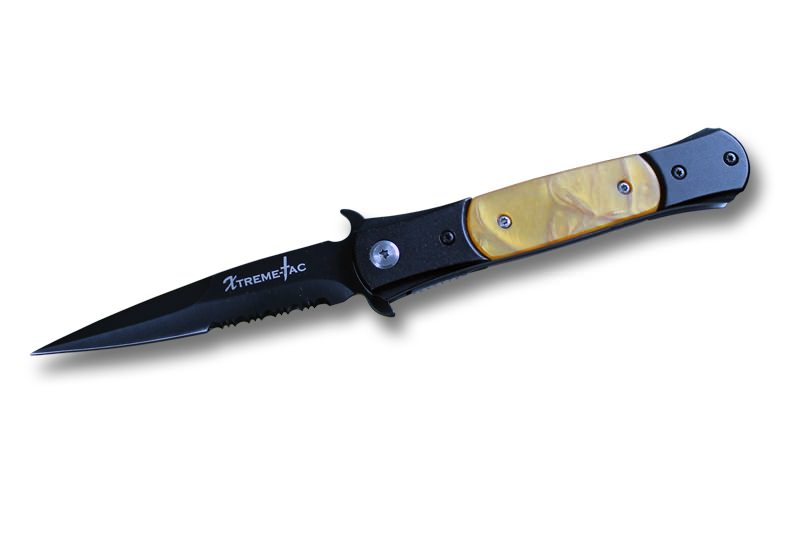 8 Inch Spring Assist Stiletto Yellow Pearl Handle Knife - TOPHATTER'S ARMORY DEALS