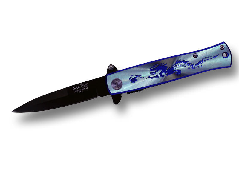 4.5 Inch Spring Assisted Opening Dragon Folding Knife - Blue