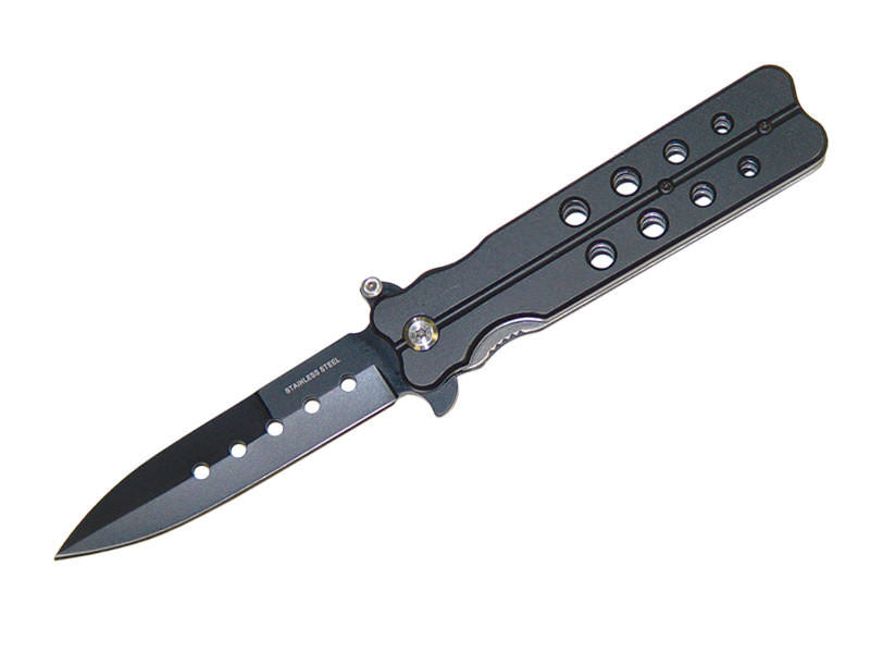 Butterfly Style Black Metal Handle Spring Assist Knife - TOPHATTER'S ARMORY DEALS