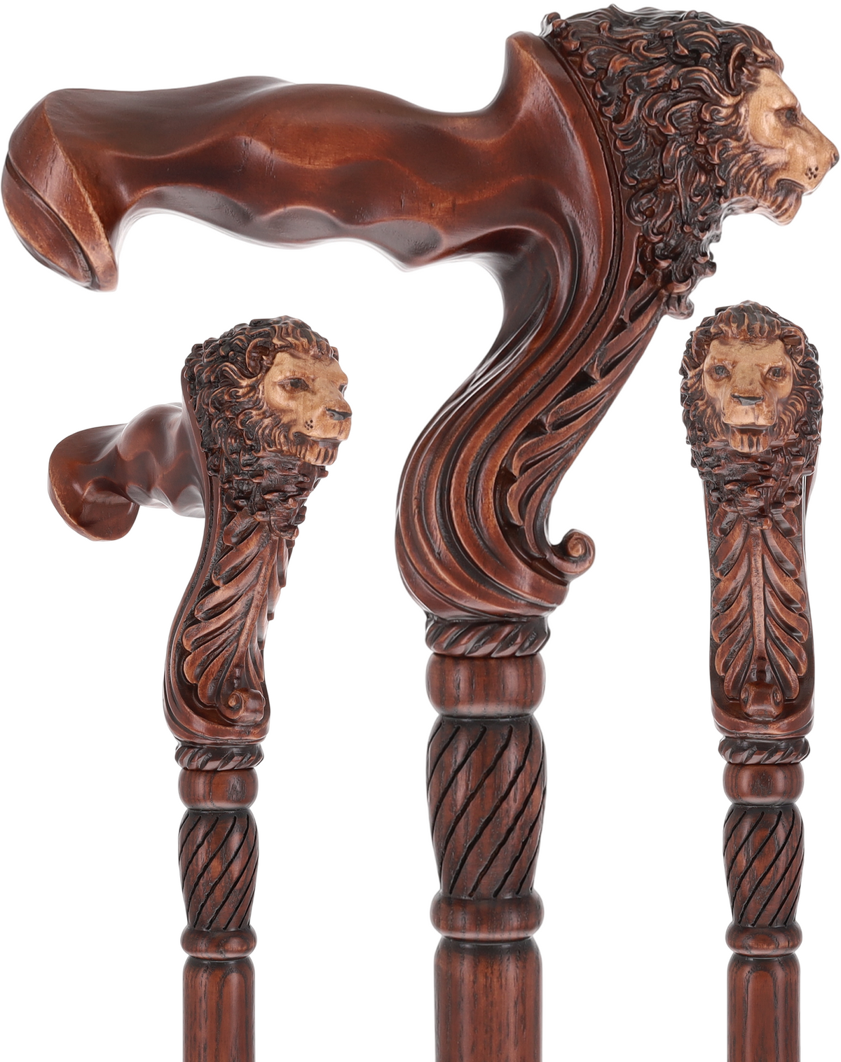 Lion Head: Artisan Intricate Handcarved Wood Cane (Right Hand)