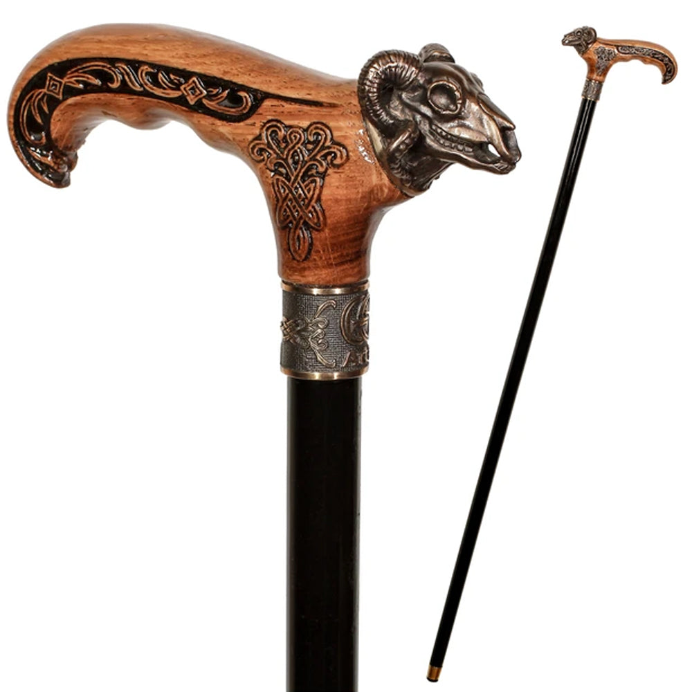 Ram Skull Casted Bronze: Artisan Intricate Detail Design Cane
