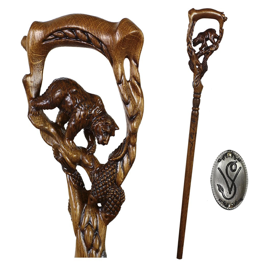 Artisan Grizzly & Salmon Hand-Carved Cane - Intricate