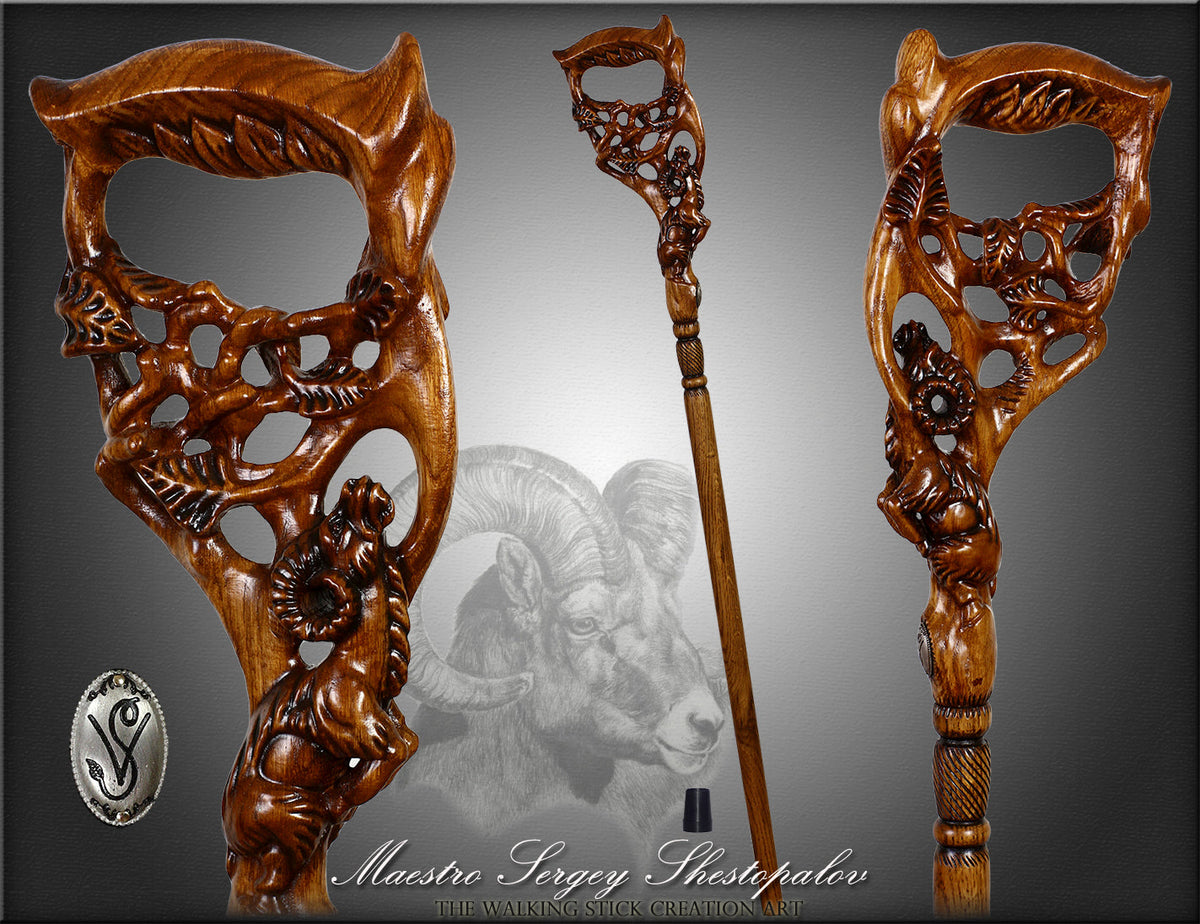 Ram & Tree Scene: Intricately Hand-Carved Artisan Cane