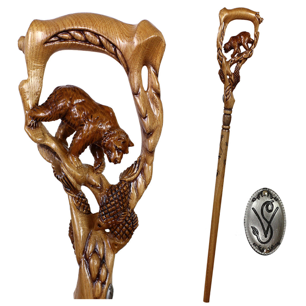 Artisan Grizzly & Salmon Hand-Carved Cane - Intricate