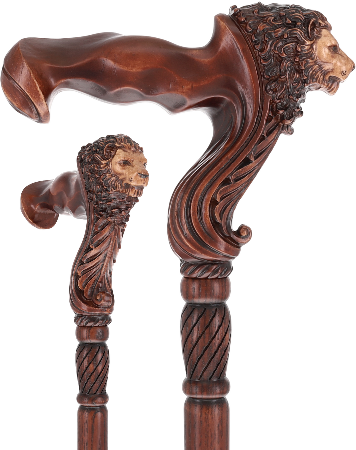 Lion Head: Artisan Intricate Handcarved Wood Cane (Right Hand)