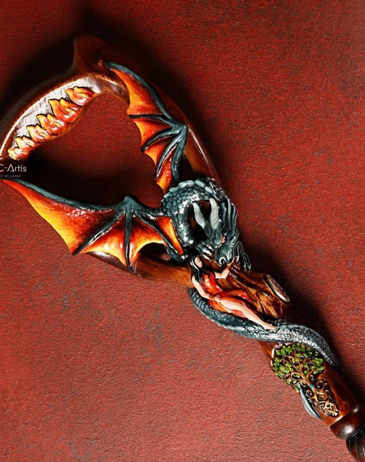Guardian Dragon Black Hand-Painted Dark Wood: Artisan Intricate Hand-Carved Cane