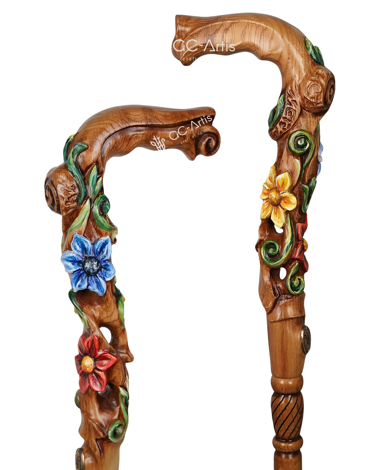 Master-Carved Flowered Walking Cane in Ligt Wood | Elegant Floral Art