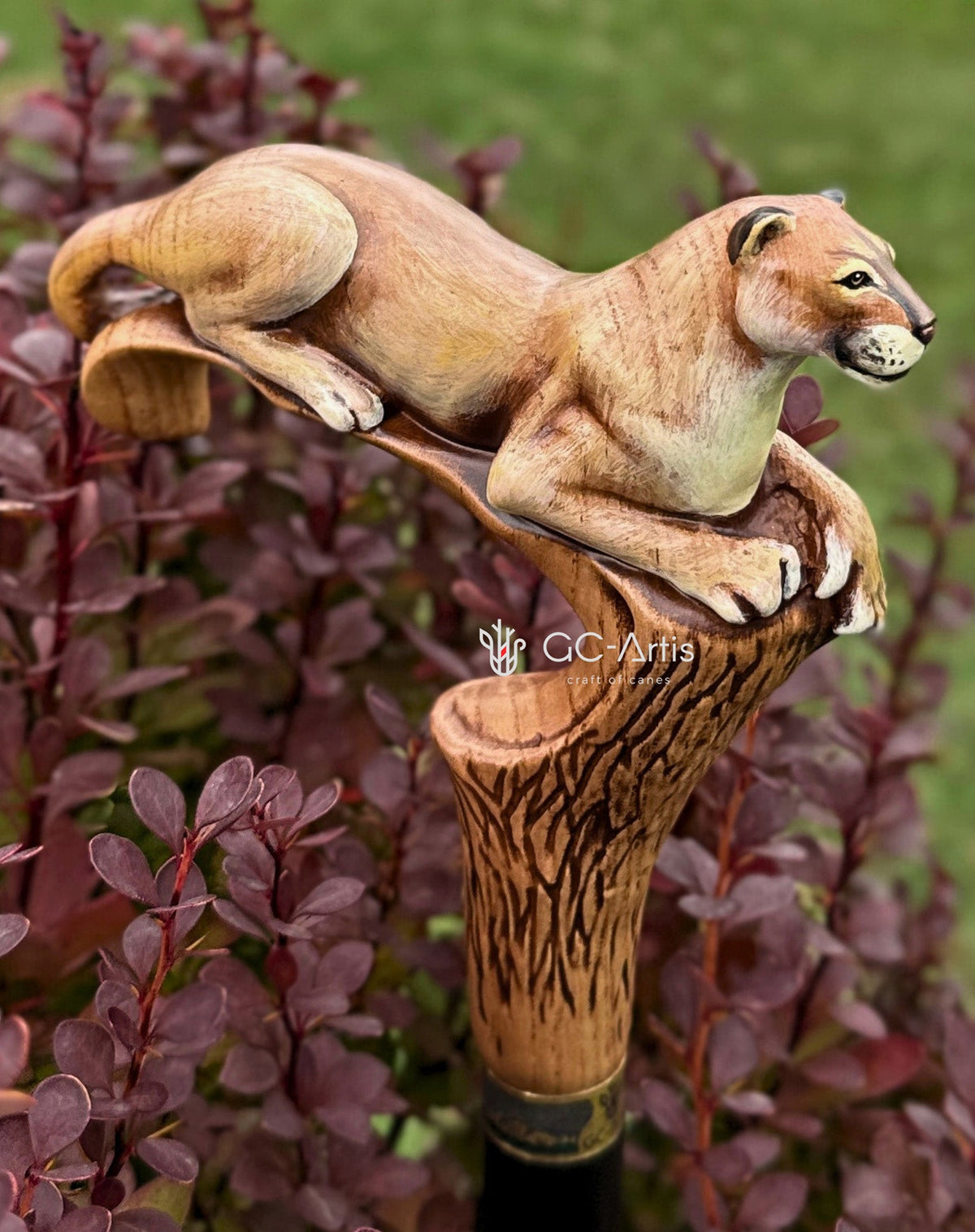 American Puma Cat Light Wood Artisan Intricate Handcarved Cane