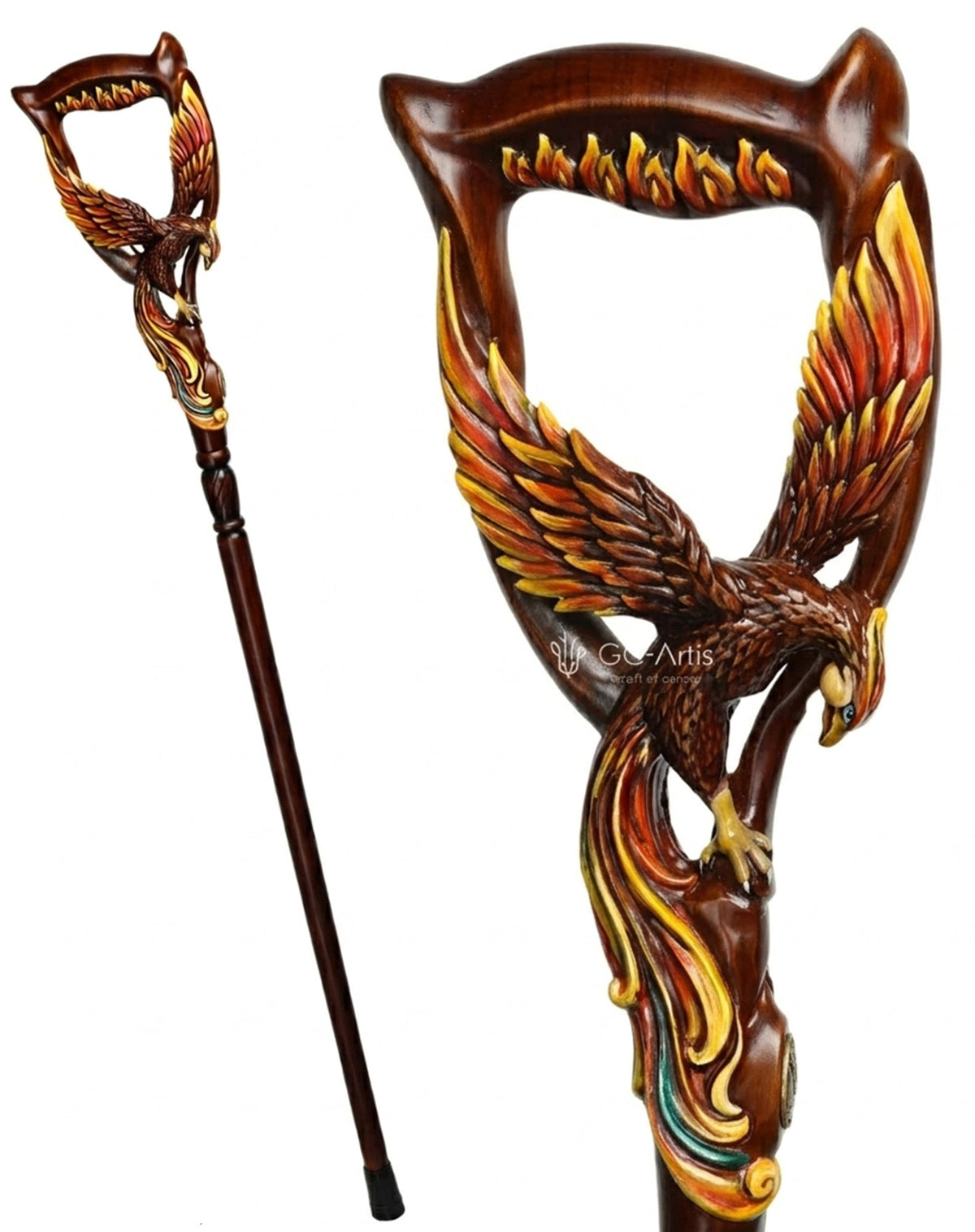 Phoenix Bird: Artisan Intricate Hand-Carved Dark Wood Cane