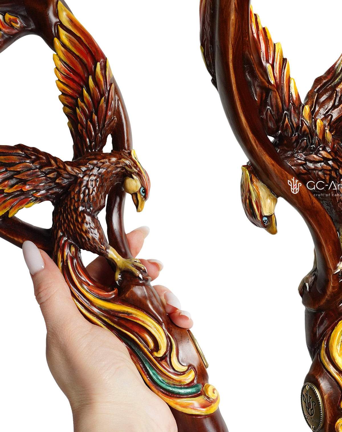 Phoenix Bird: Artisan Intricate Hand-Carved Dark Wood Cane