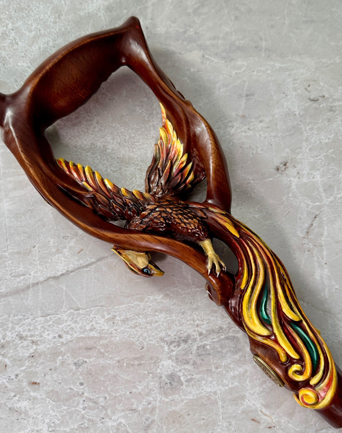 Phoenix Bird: Artisan Intricate Hand-Carved Dark Wood Cane