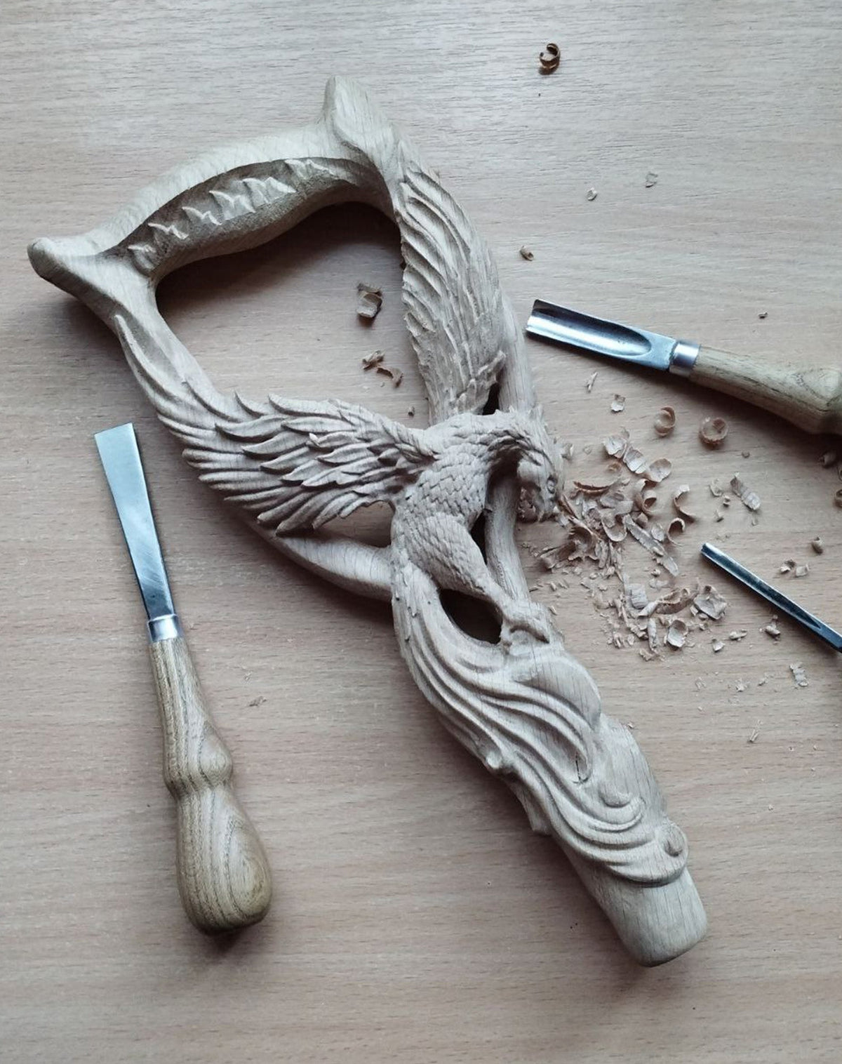 Phoenix Bird: Artisan Intricate Hand-Carved Dark Wood Cane