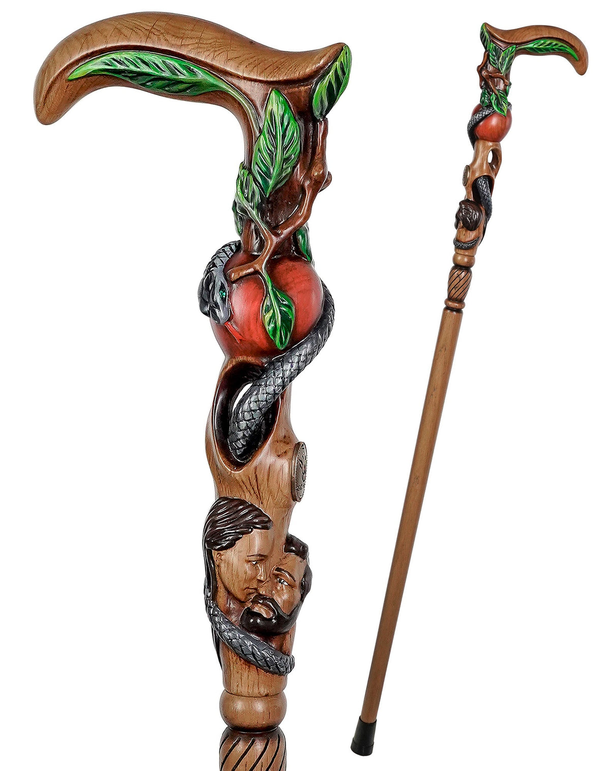 Adam & Eve Carved Light Wood Cane: Unique Wood Handcarved Artisan Detail