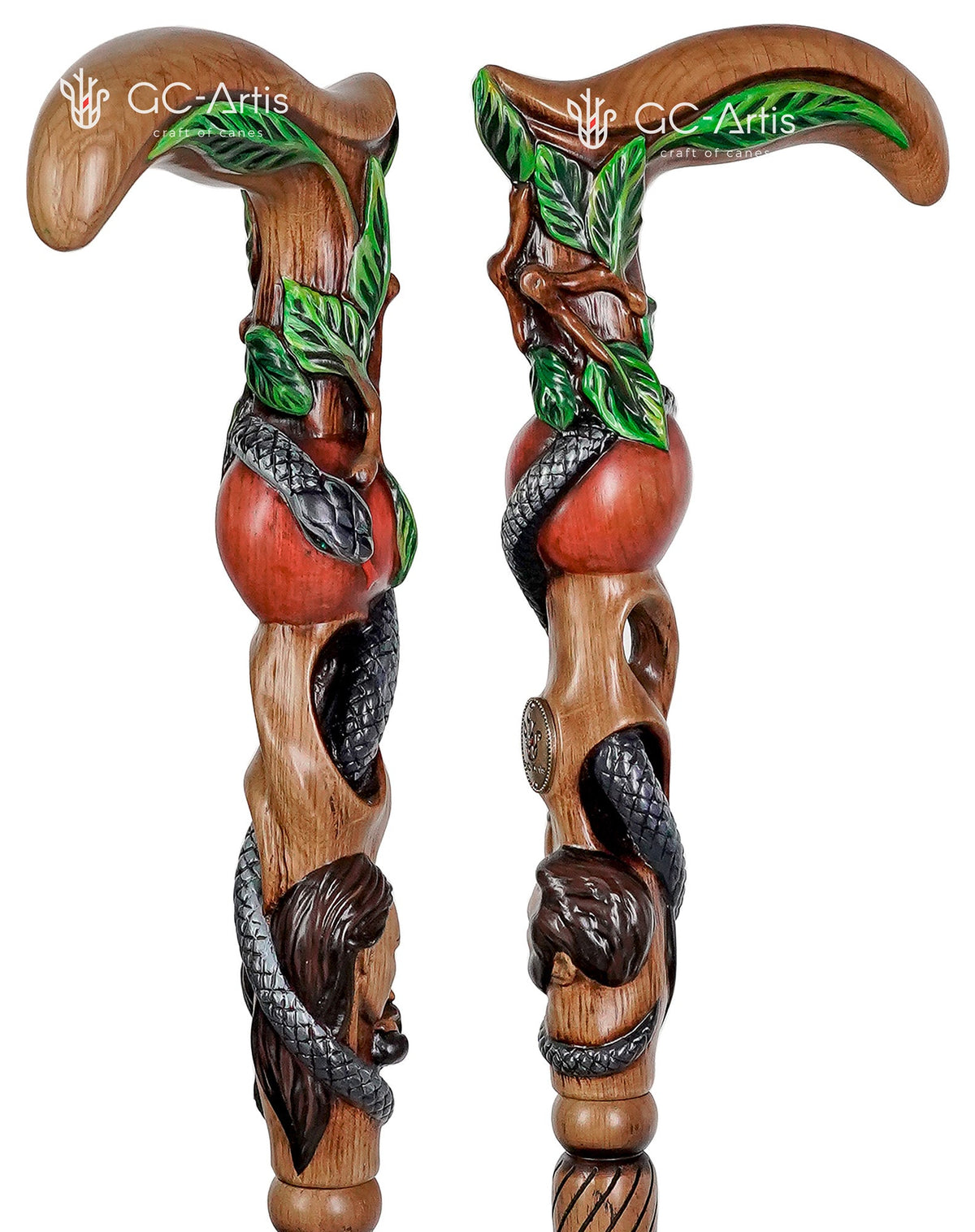 Adam & Eve Carved Light Wood Cane: Unique Wood Handcarved Artisan Detail