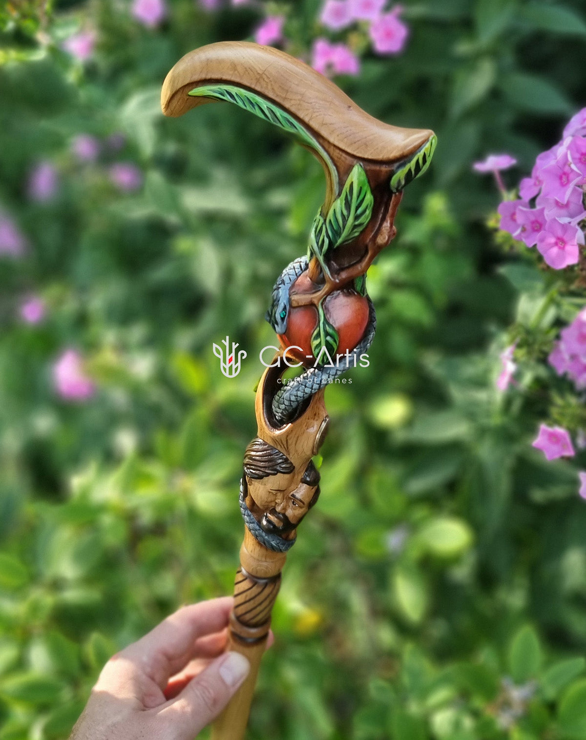 Adam & Eve Carved Light Wood Cane: Unique Wood Handcarved Artisan Detail