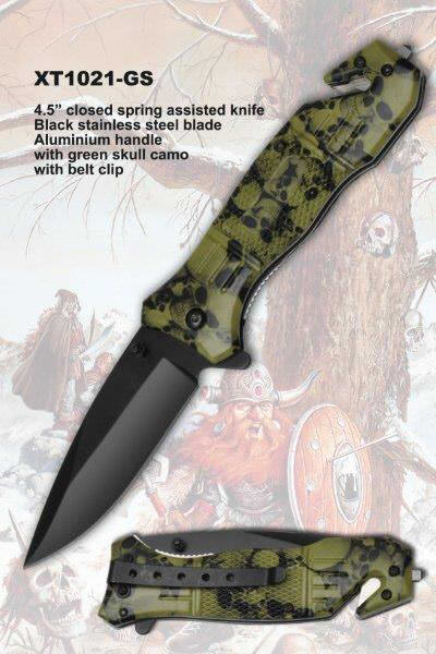 Jungle Green Skull Camo Handle Rescue Spring Assisted Knife