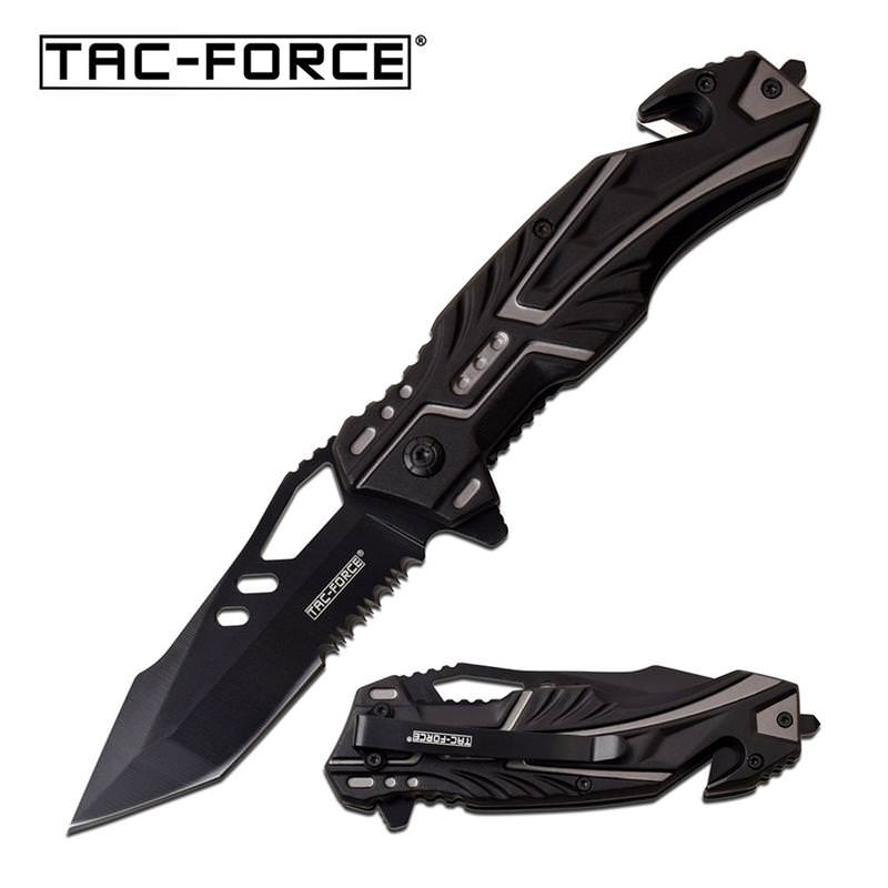 Gray Black Serrated Tanto Blade Rescue Spring-Assist Folding Knife