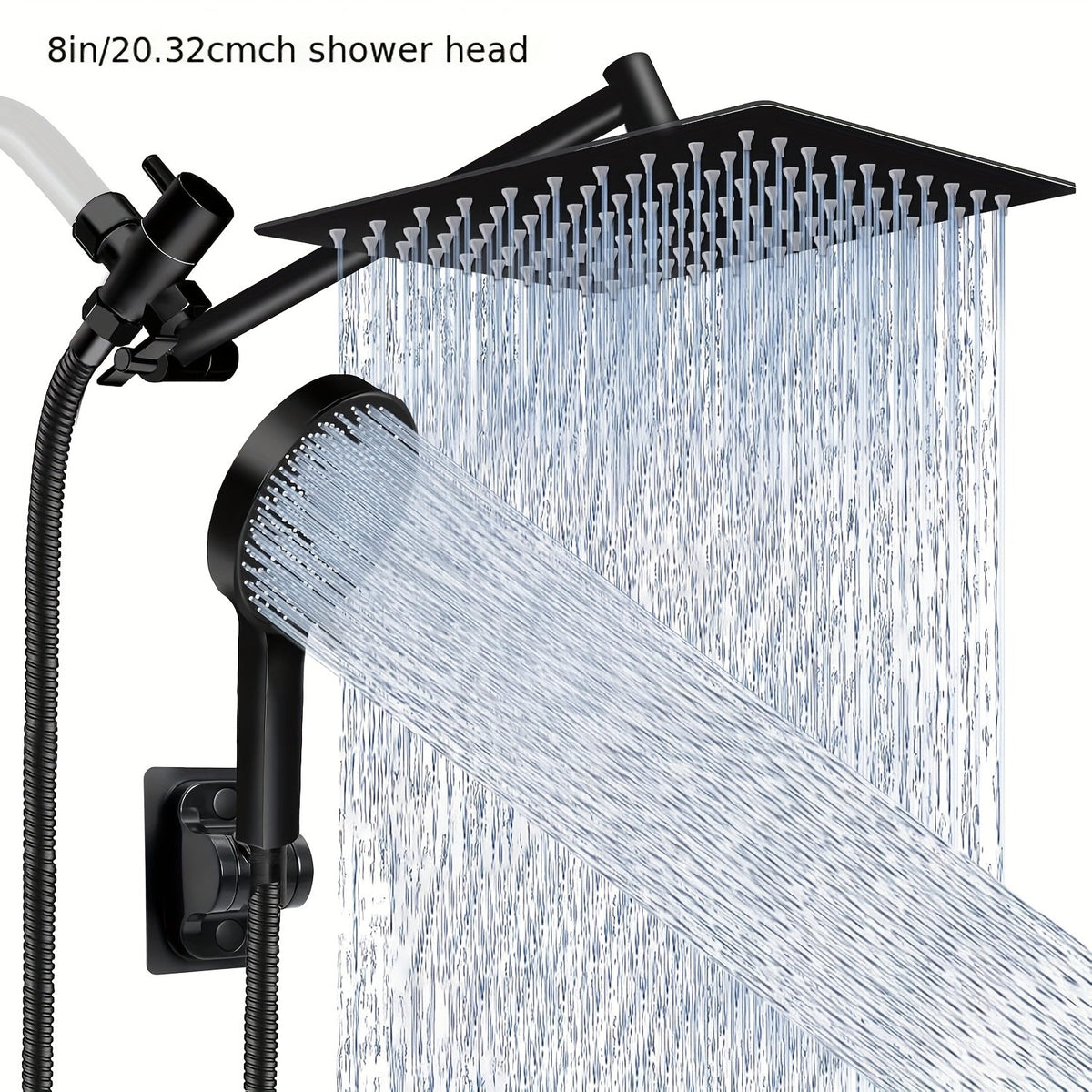 8-Inch Rainfall and Handheld Shower Head Combo - High Pressure, Adjustable Arm, Black