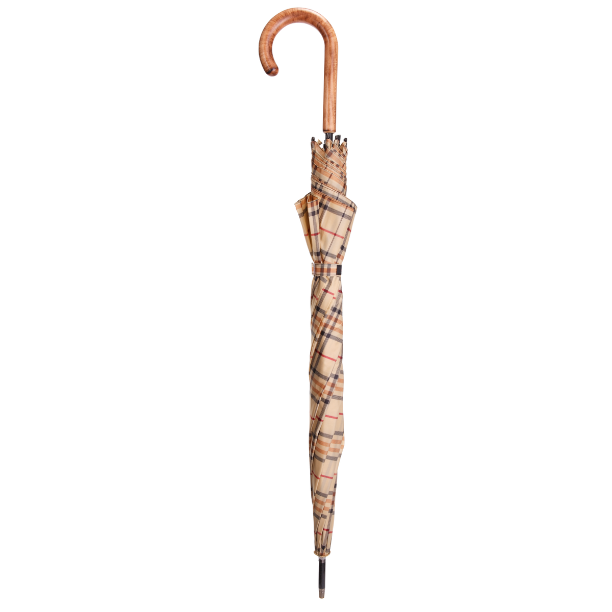 Elegant Tan Tartan Plaid Umbrella with Maple Handle & Auto-Open