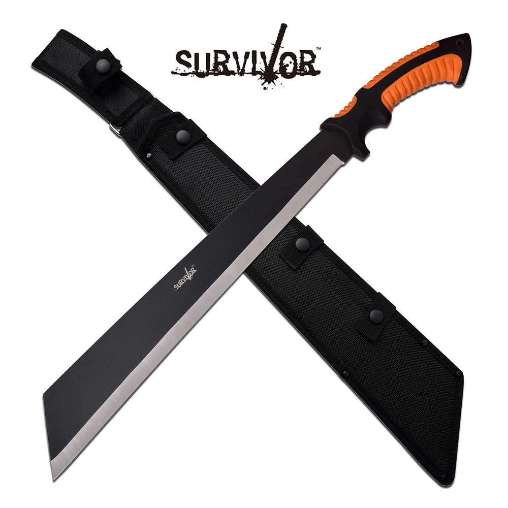 24" Overall Curved Black Blade Orange Handle + Sheath Tanto Machete