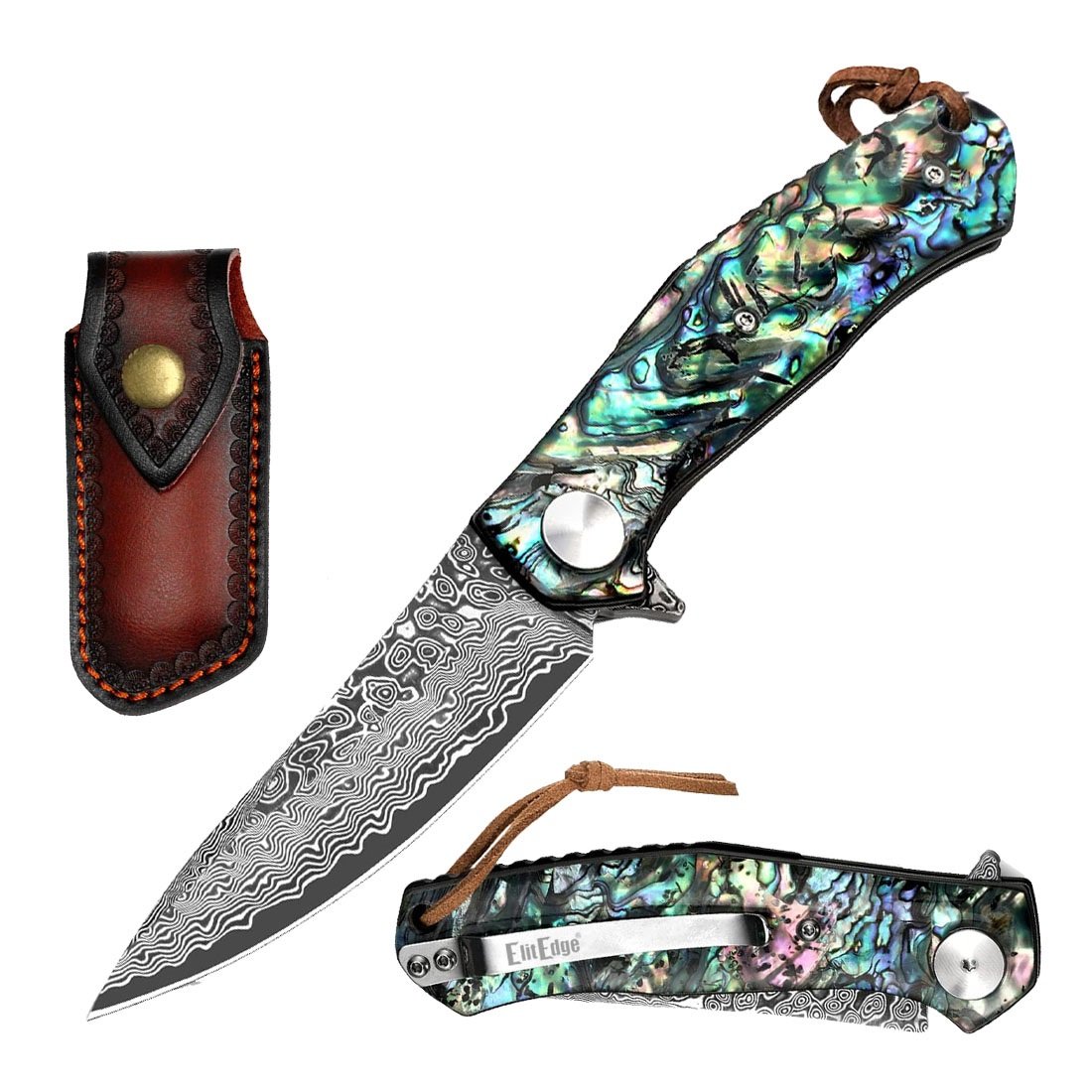 Ball Bearing Drop Point Damascus Blade Pocket Knife Abalone Handle - TOPHATTER'S ARMORY DEALS