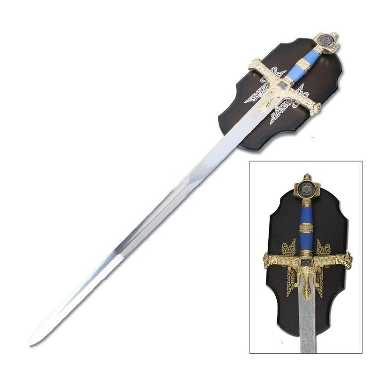 Medieval Sword King Solomon Templar Blue With Wall Plaque
