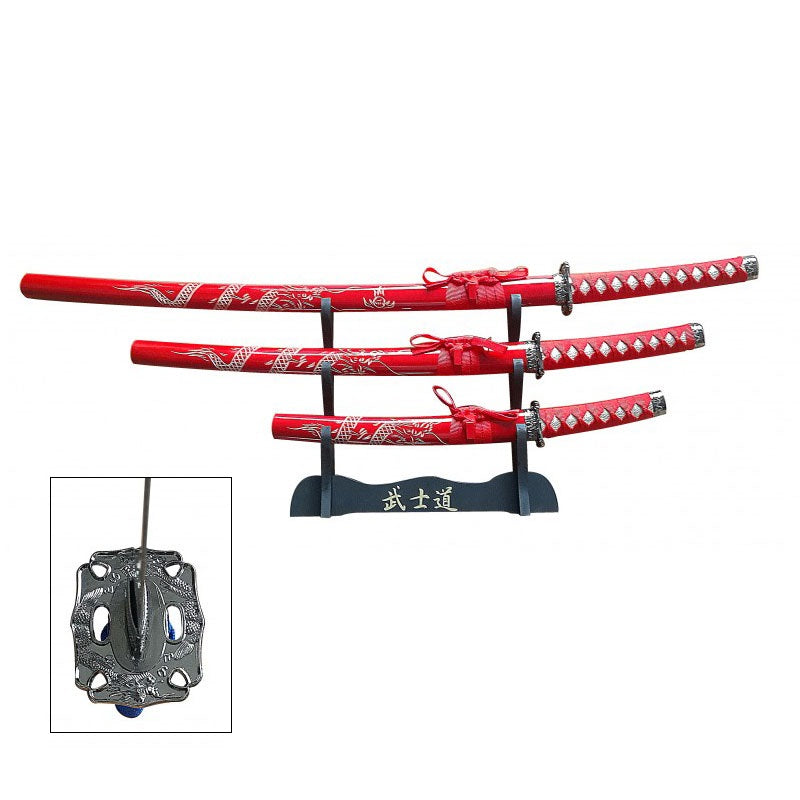 Red 3 Pcs Dragon Samurai Katana Sword Set with Stand
