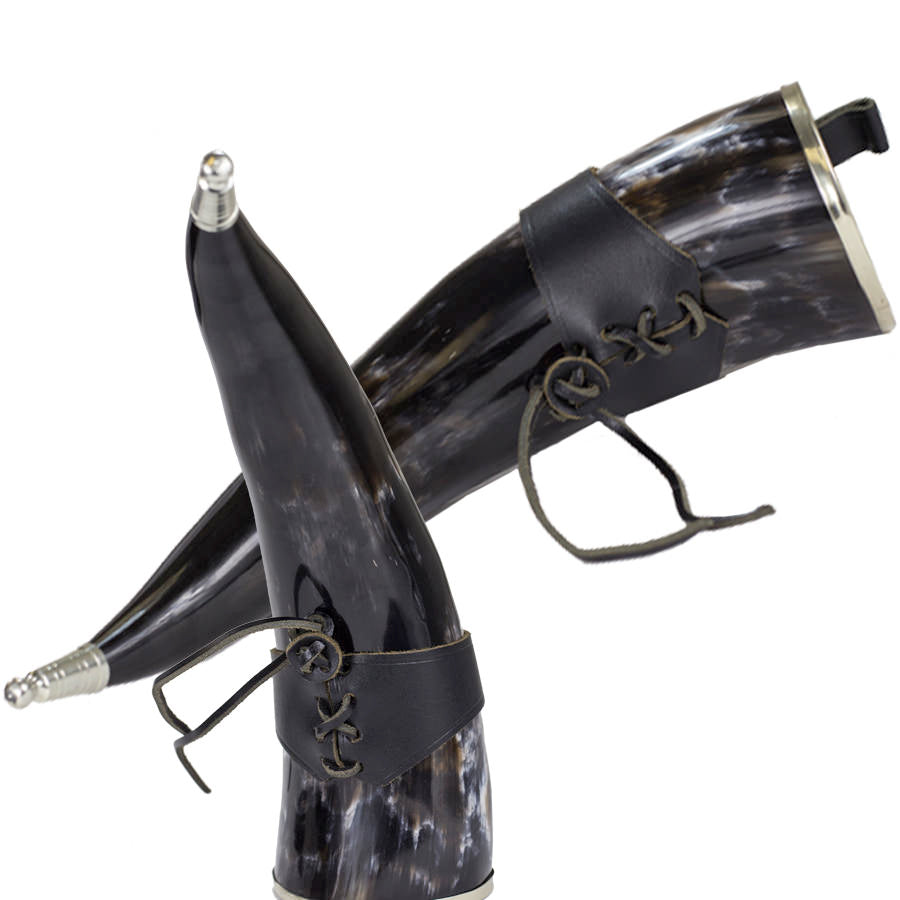 Silver Adorned Medieval Drinking Horn 16 oz with Leather Holster - TOPHATTER'S ARMORY DEALS