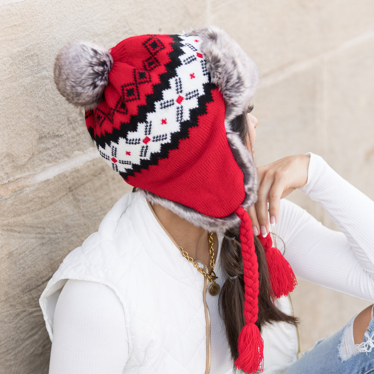 Fair Isle Pom Trapper Hat