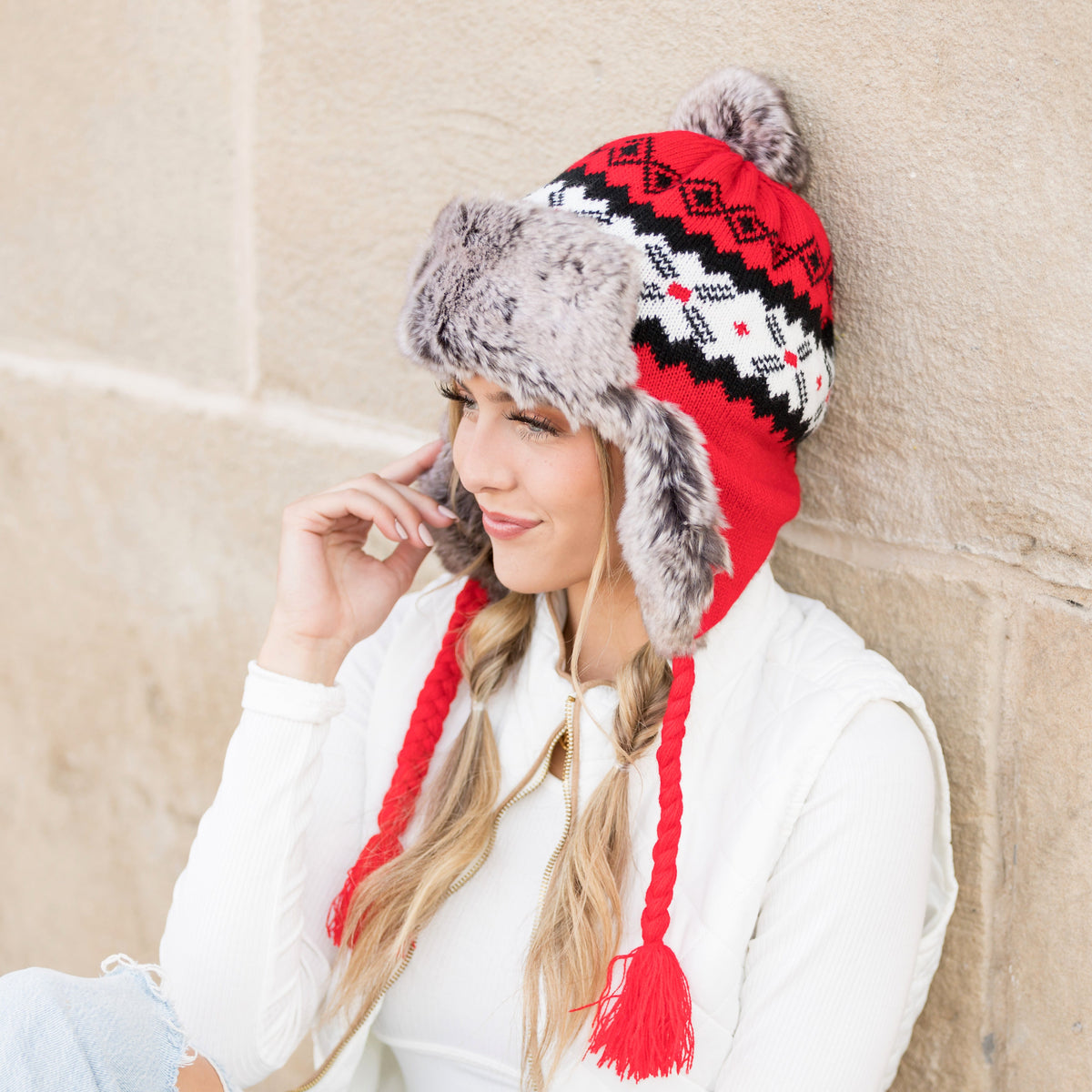 Fair Isle Pom Trapper Hat