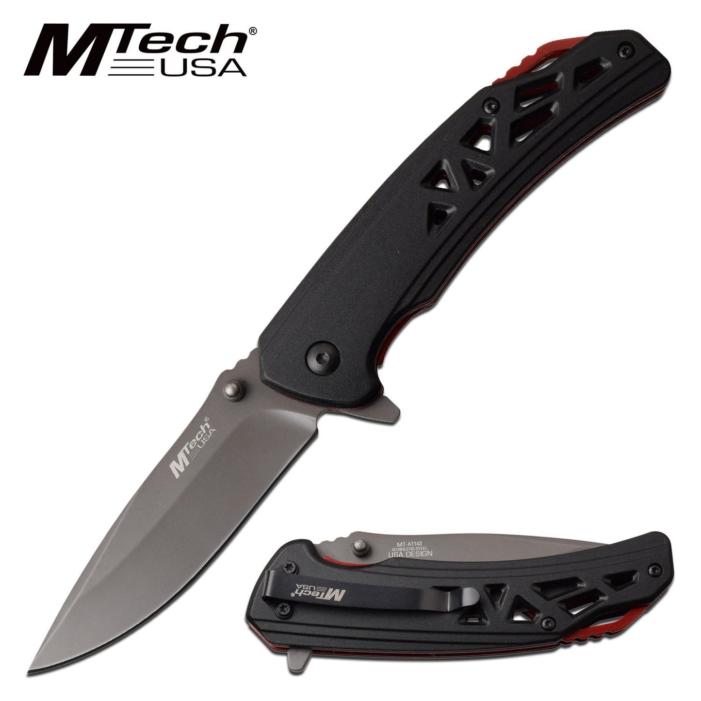 Mtech Spring Assisted 4.75 Inch Black Red Handle Pocket Knife
