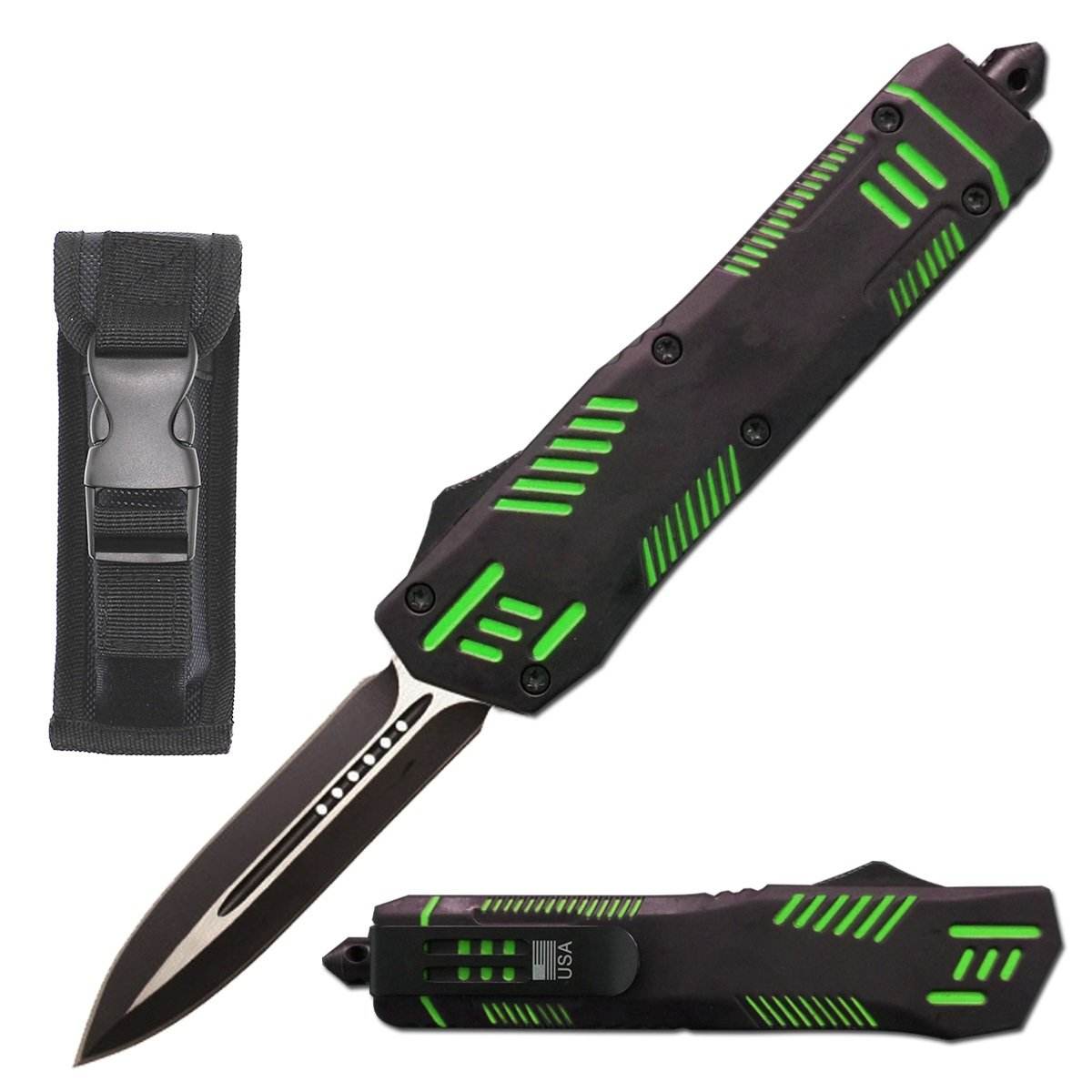 9" Automatic Dual Action Green Pitbull OTF Dagger Blade Knife - TOPHATTER'S ARMORY DEALS