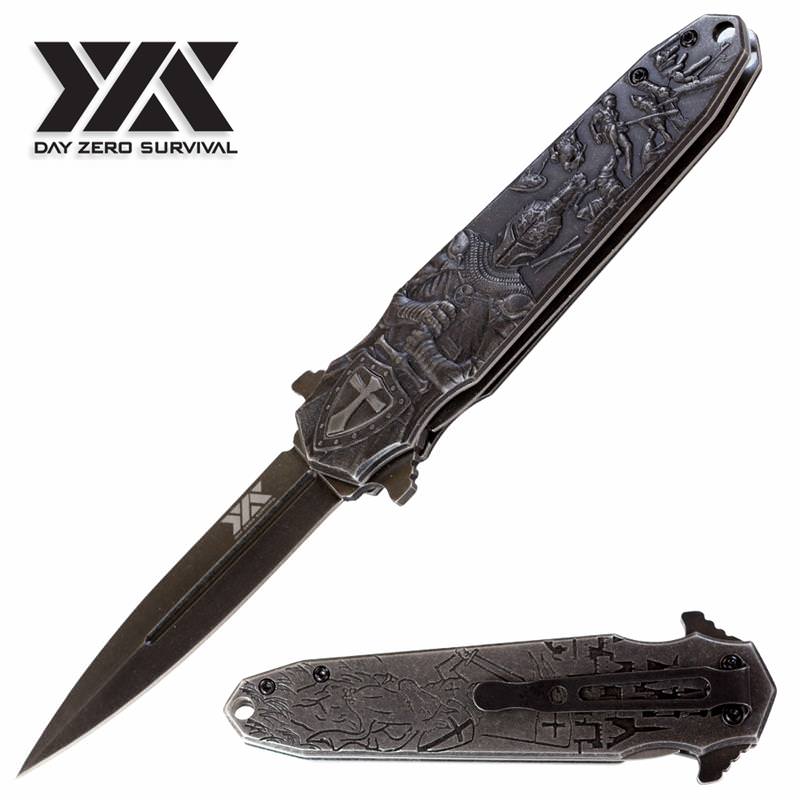 DZS Stonewash Finish Knight Arthur Spring Assisted Open Pocket Knife
