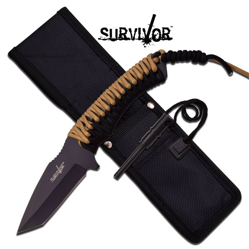 Survival Tanto Full Tang Paracord Fixed Blade Rescue Knife with Flint