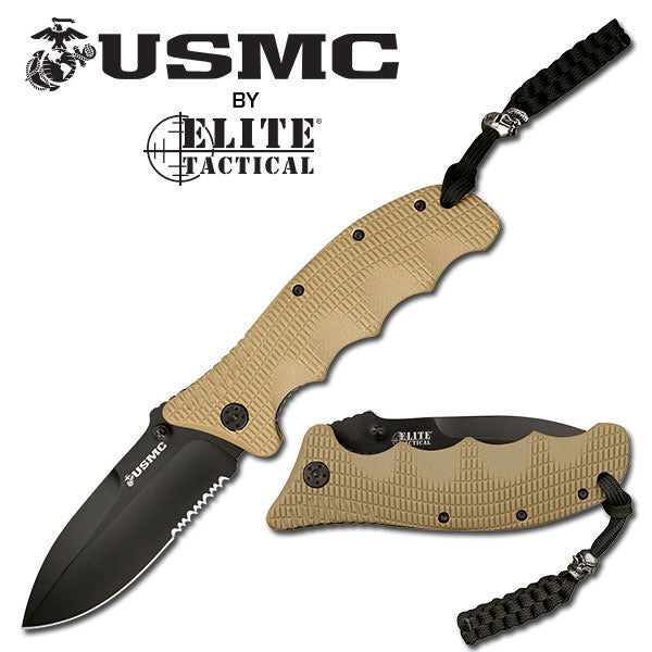 USMC 5 Inch Tan G10 Handle Serrated Pocket Folding Knife Ergonomic Grip - TOPHATTER'S ARMORY DEALS