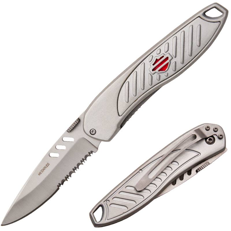 Gray Aluminum Ribbed Handle Serrated Blade Assisted Open Knife - TOPHATTER'S ARMORY DEALS