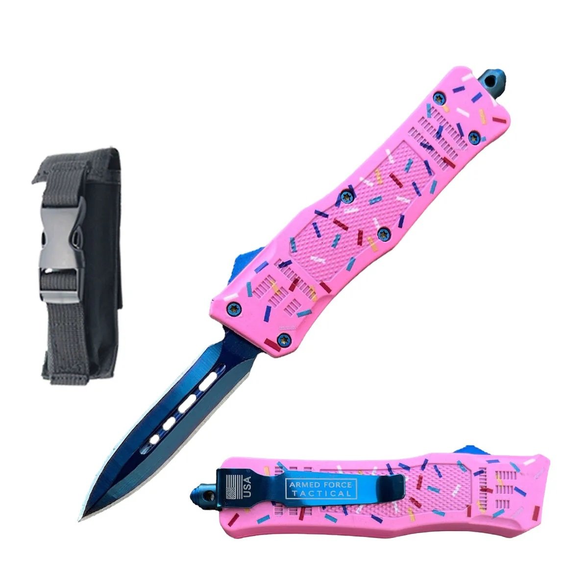 7" Pink Sprinkle Stalker Automatic Dual Action Out The Front Knife - TOPHATTER'S ARMORY DEALS