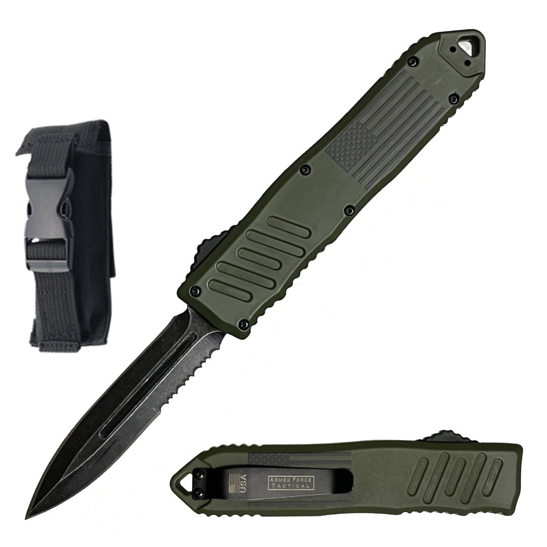 9" American Flag Army Green OTF Dual Action Automatic Knife - TOPHATTER'S ARMORY DEALS