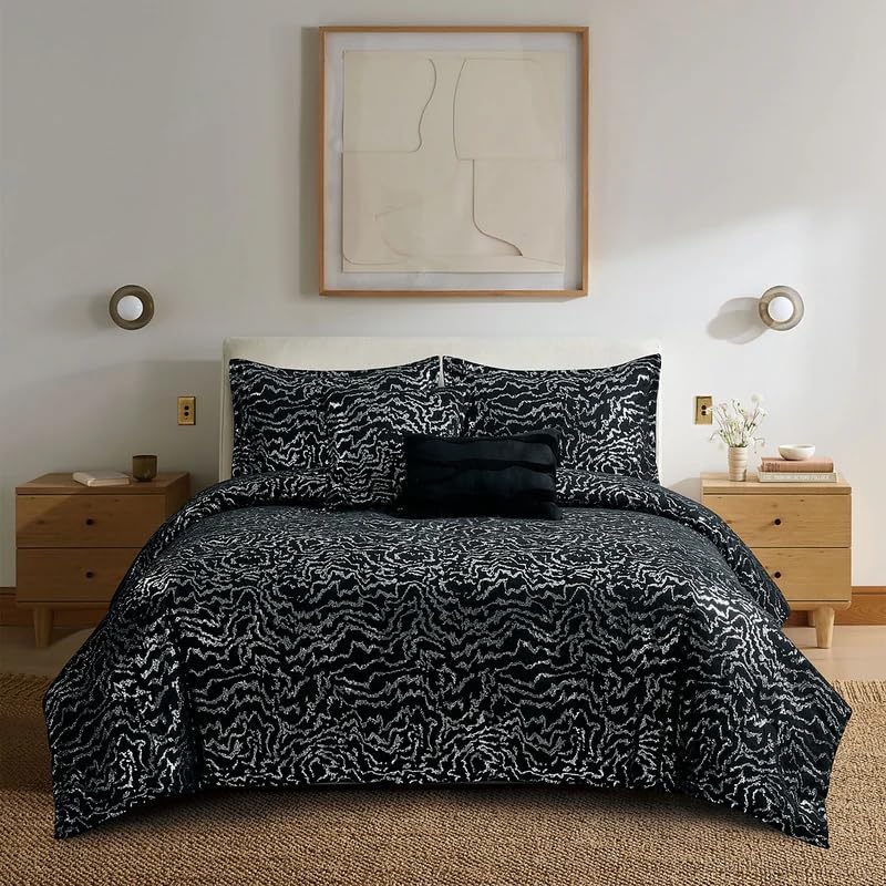 Botanical 5-Piece Comforter Set - Pintuck Bedding with Abstract Wave Design