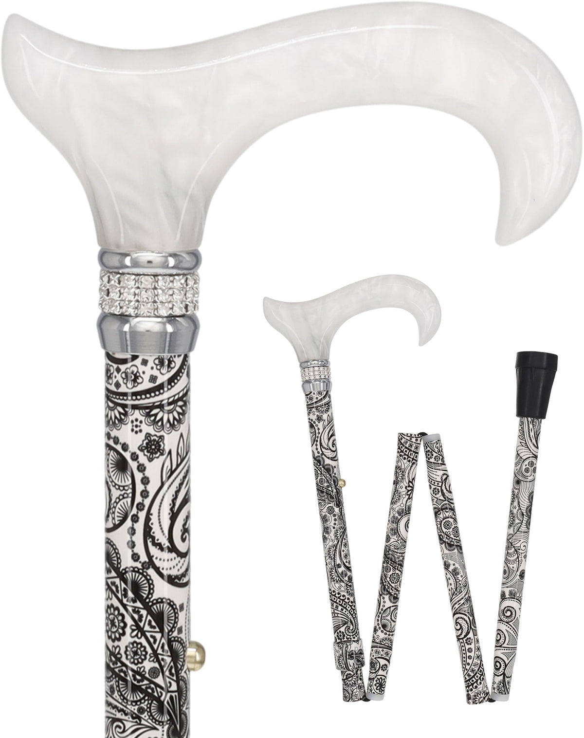 White Pearl w/ Rhinestone collar and black Swirl Designer Adjustable Orthopedic Folding Cane