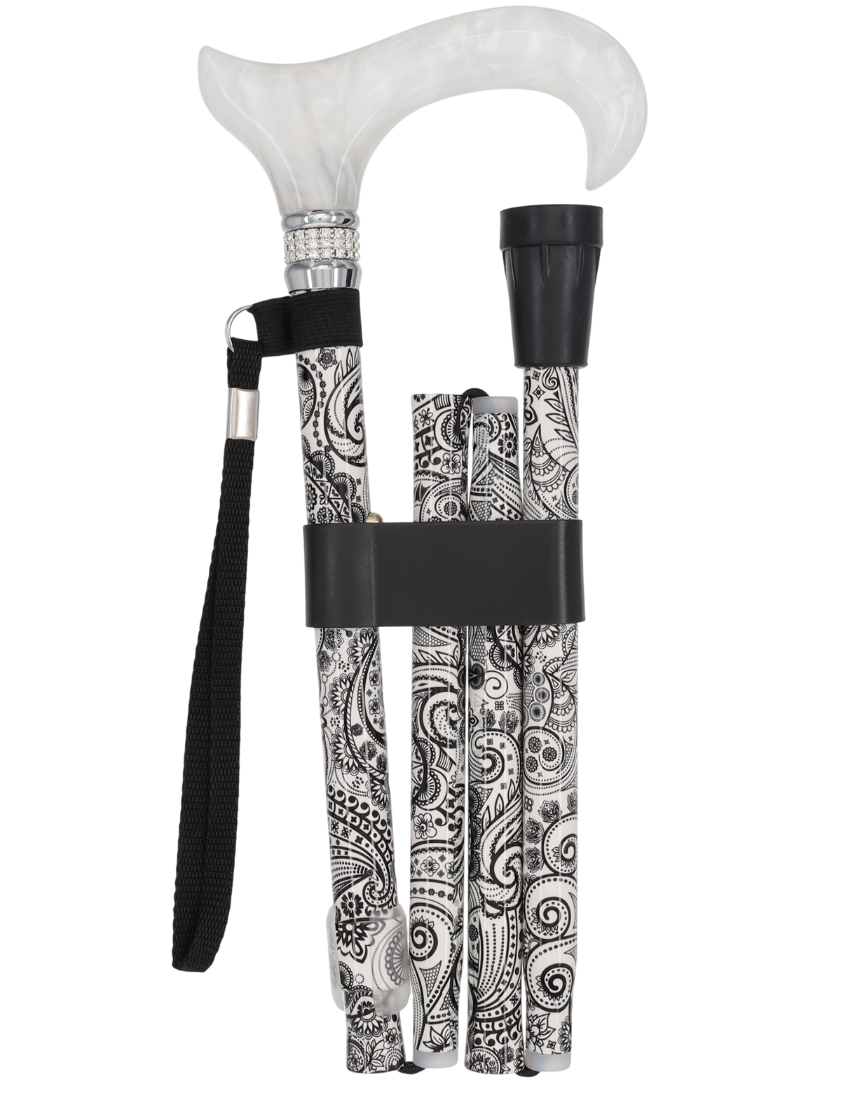 White Pearl w/ Rhinestone collar and black Swirl Designer Adjustable Orthopedic Folding Cane
