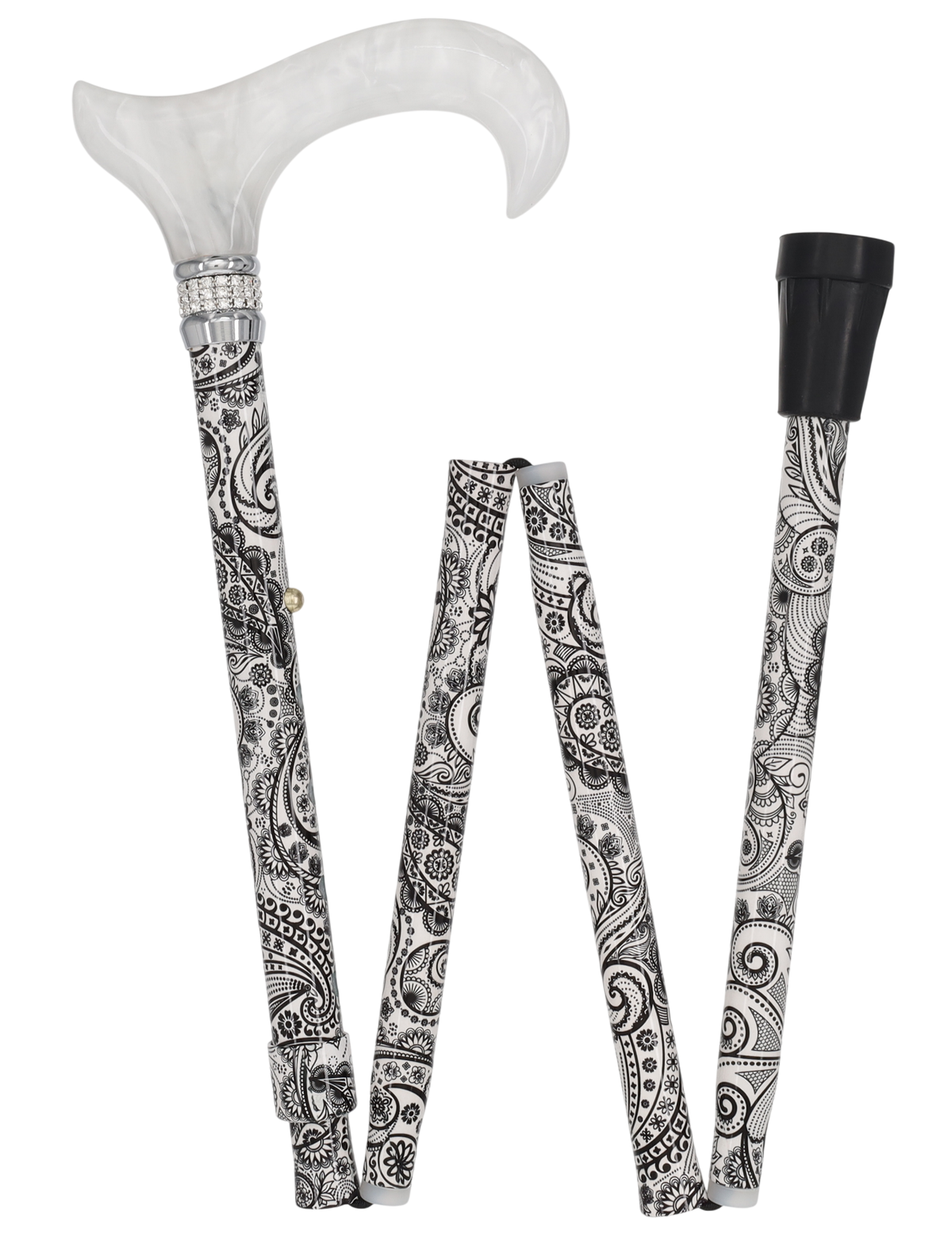 White Pearl w/ Rhinestone collar and black Swirl Designer Adjustable Orthopedic Folding Cane