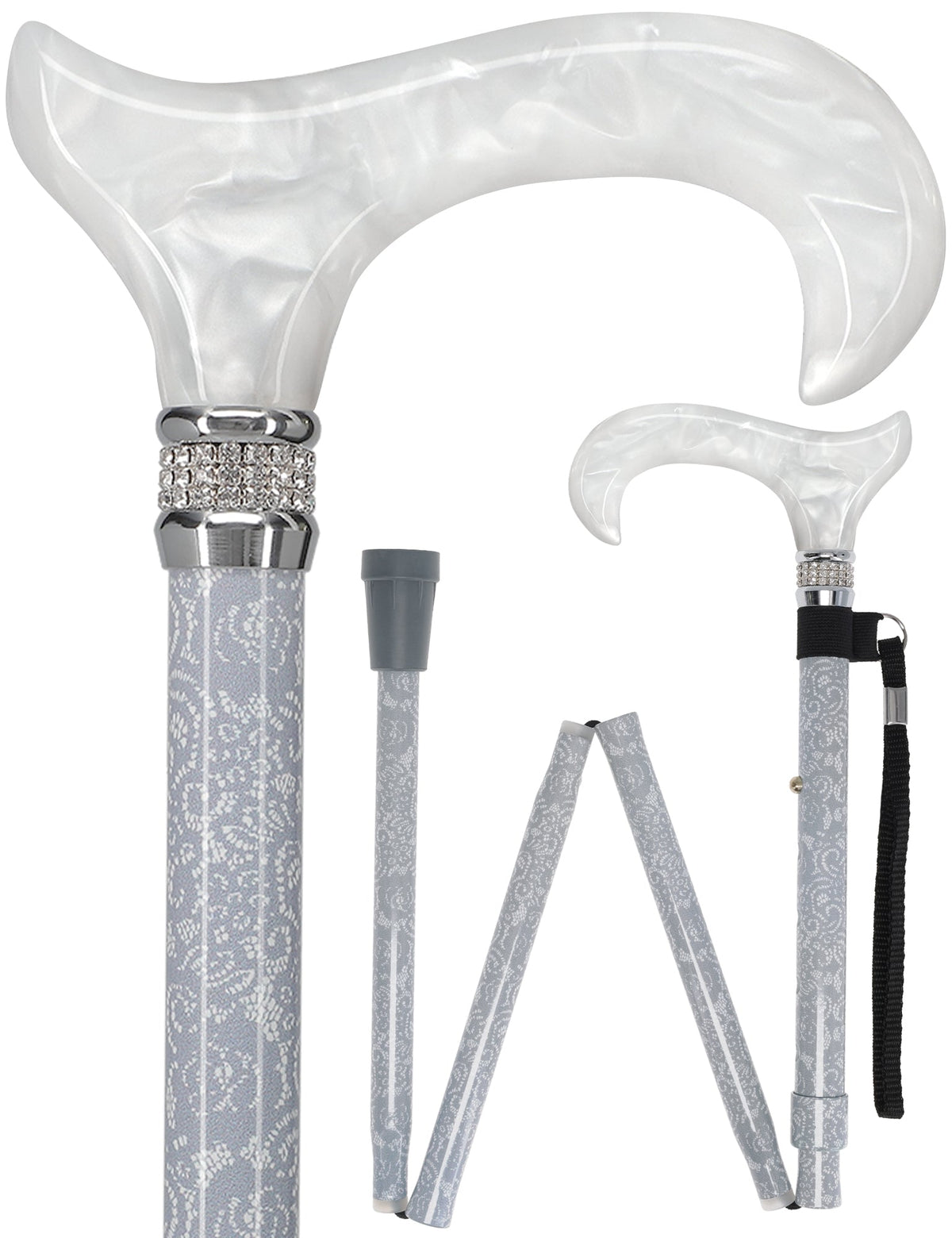 Graceful Lace Pearlz Folding Designer Adjustable Cane w/ Rhinestone collar