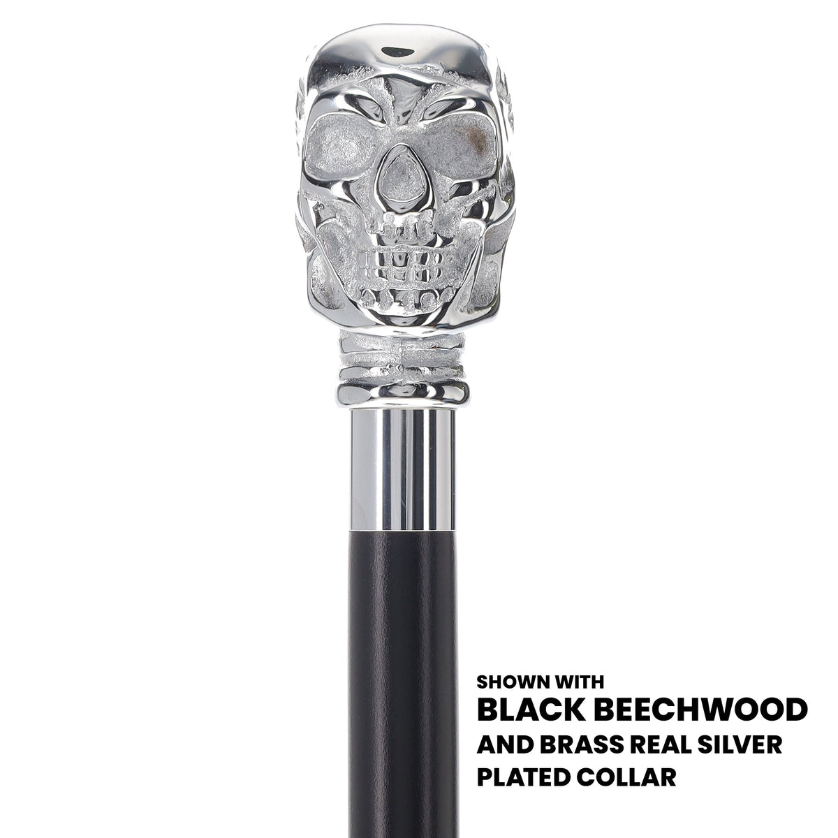 Skull Premium Chrome Brass Handle Cane: Custom Shaft & Collar