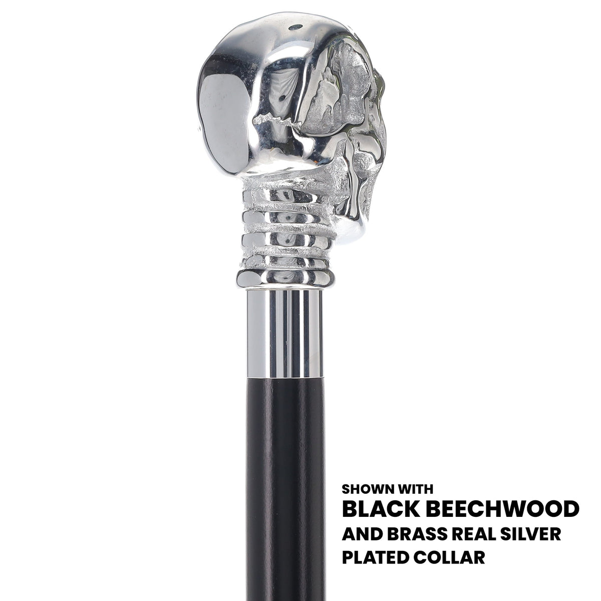 Skull Premium Chrome Brass Handle Cane: Custom Shaft & Collar