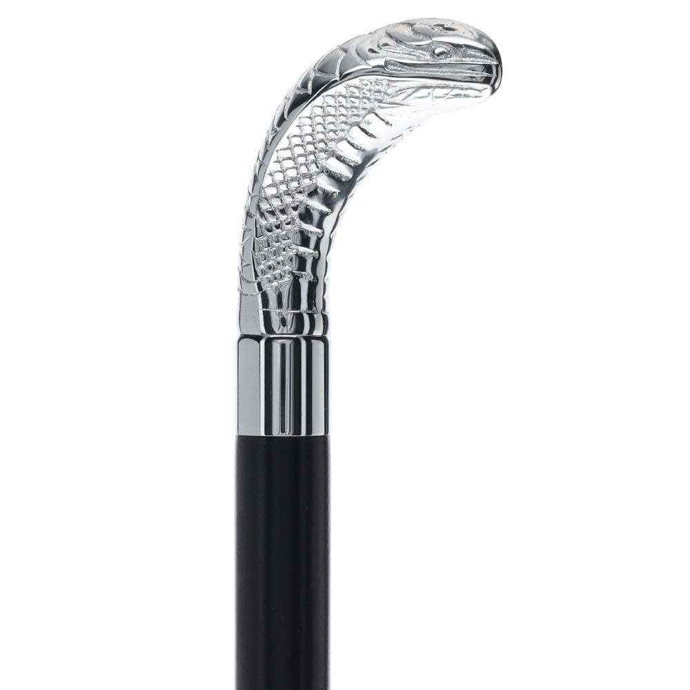 Snake Premium Chrome Brass Flask Cane: Wood Shaft Hidden Flask