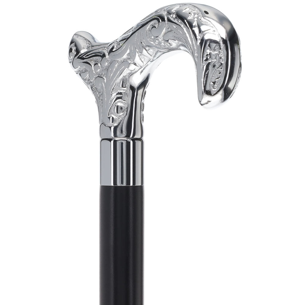 Derby Premium Chrome Brass Flask Cane: Wood Shaft Hidden Flask