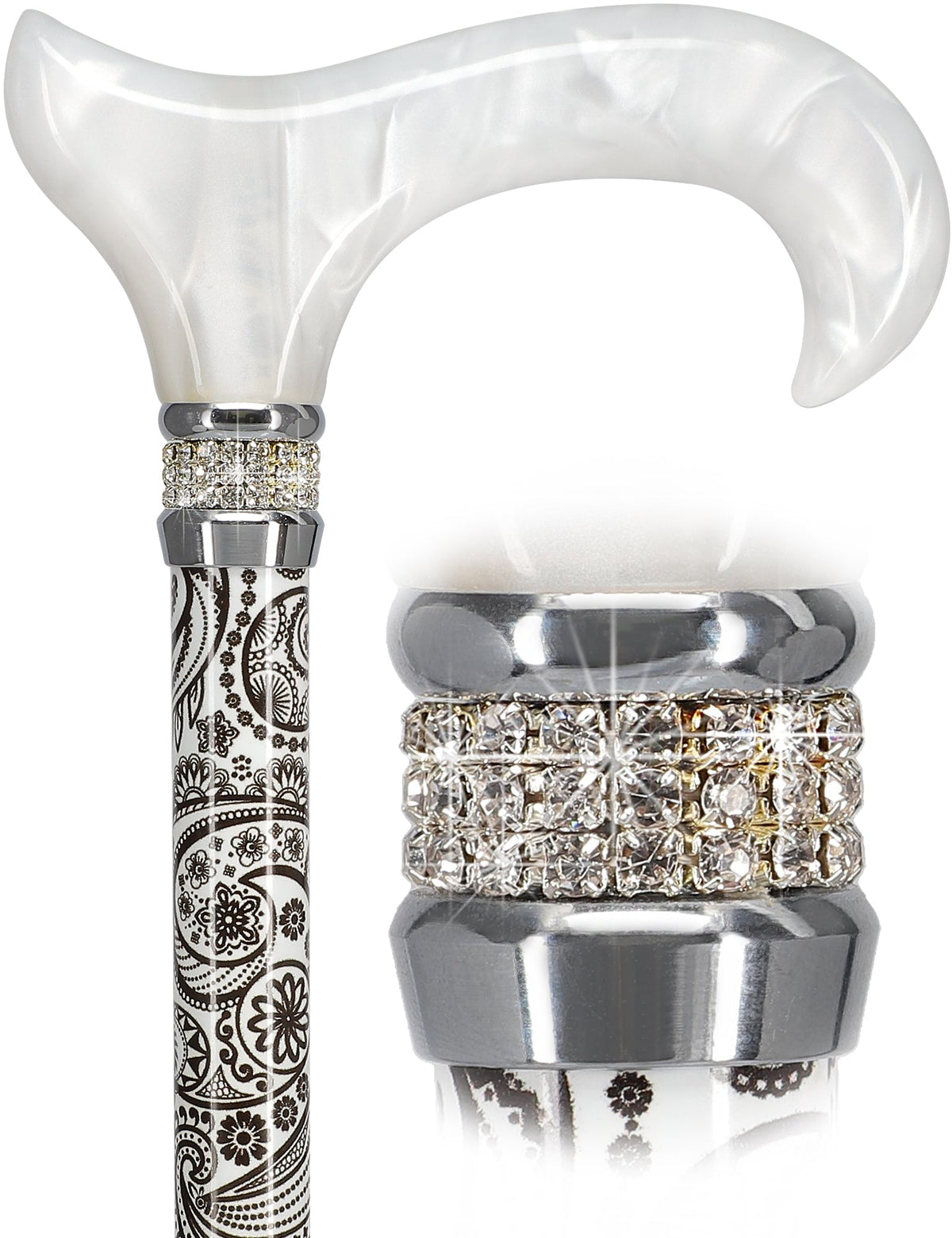Black & White Swirl Pearlz Rhinestone Orthopedic Derby Cane
