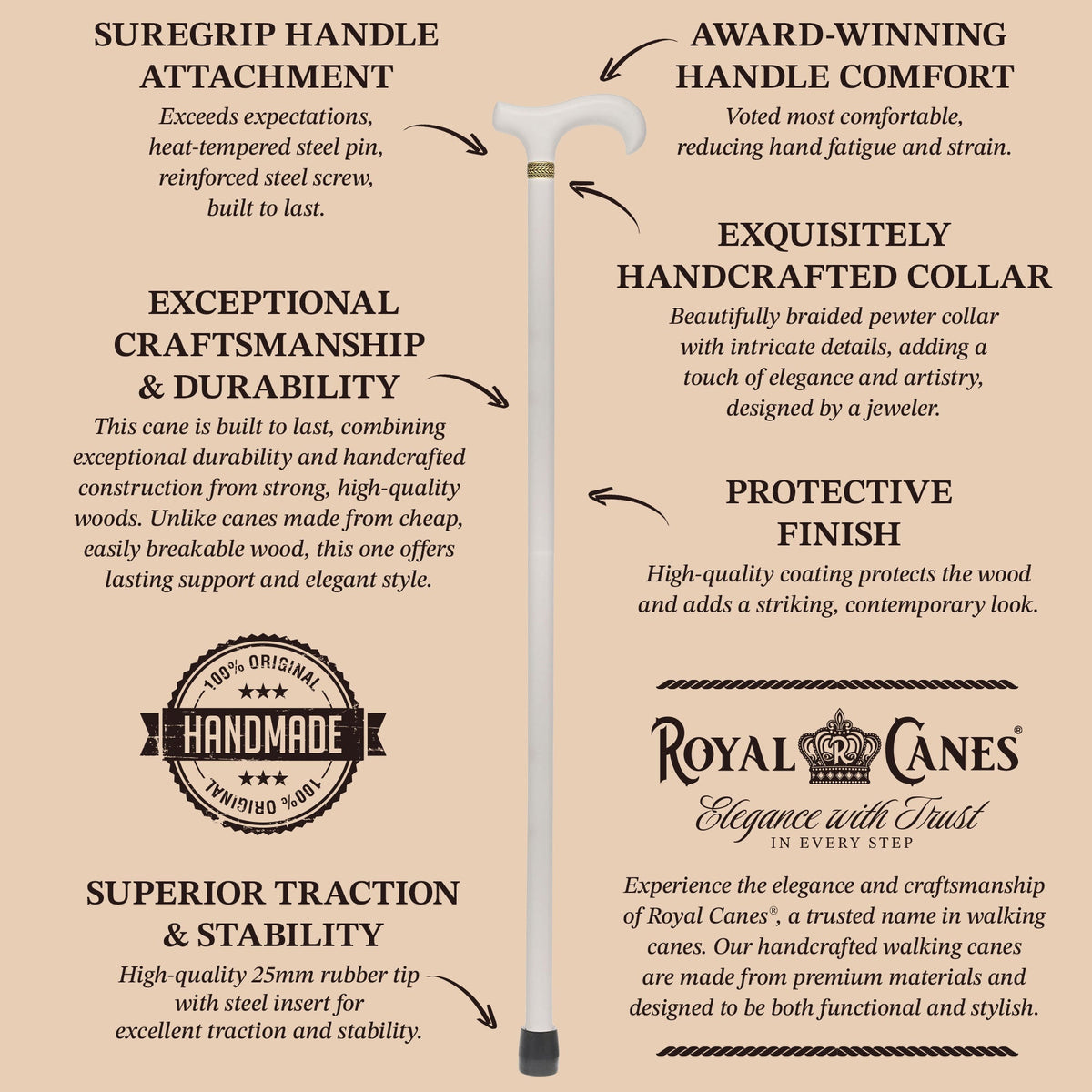 Super Strong Derby Handle Cane - Ash Wood, Pewter Wheat Collar, Matching Stain, 3 Color Options