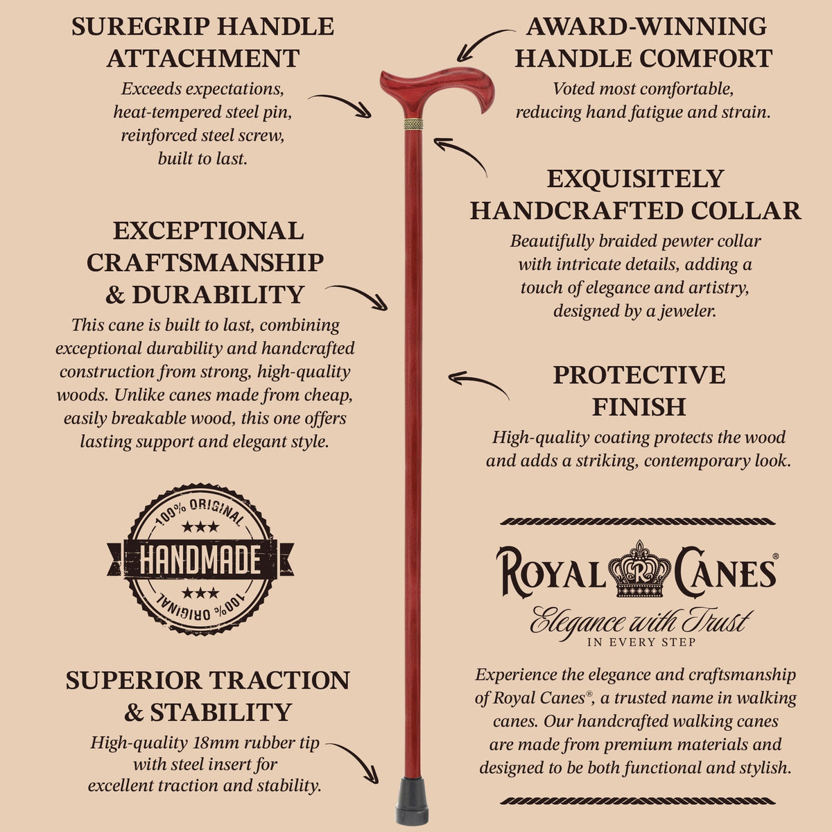 Striking Mahogany Red Derby Cane: Premium Natural Ash Wood w/ Pewter Collar